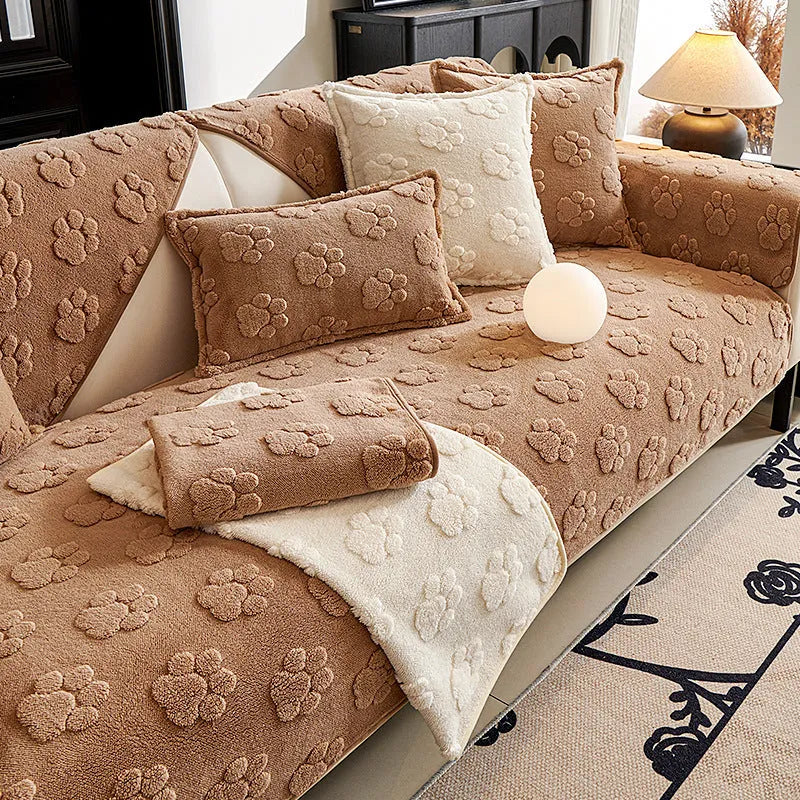 Thickened fleece non-slip sofa cushion in solid beige plush, square and rectangular sizes for sofa or dust cover use