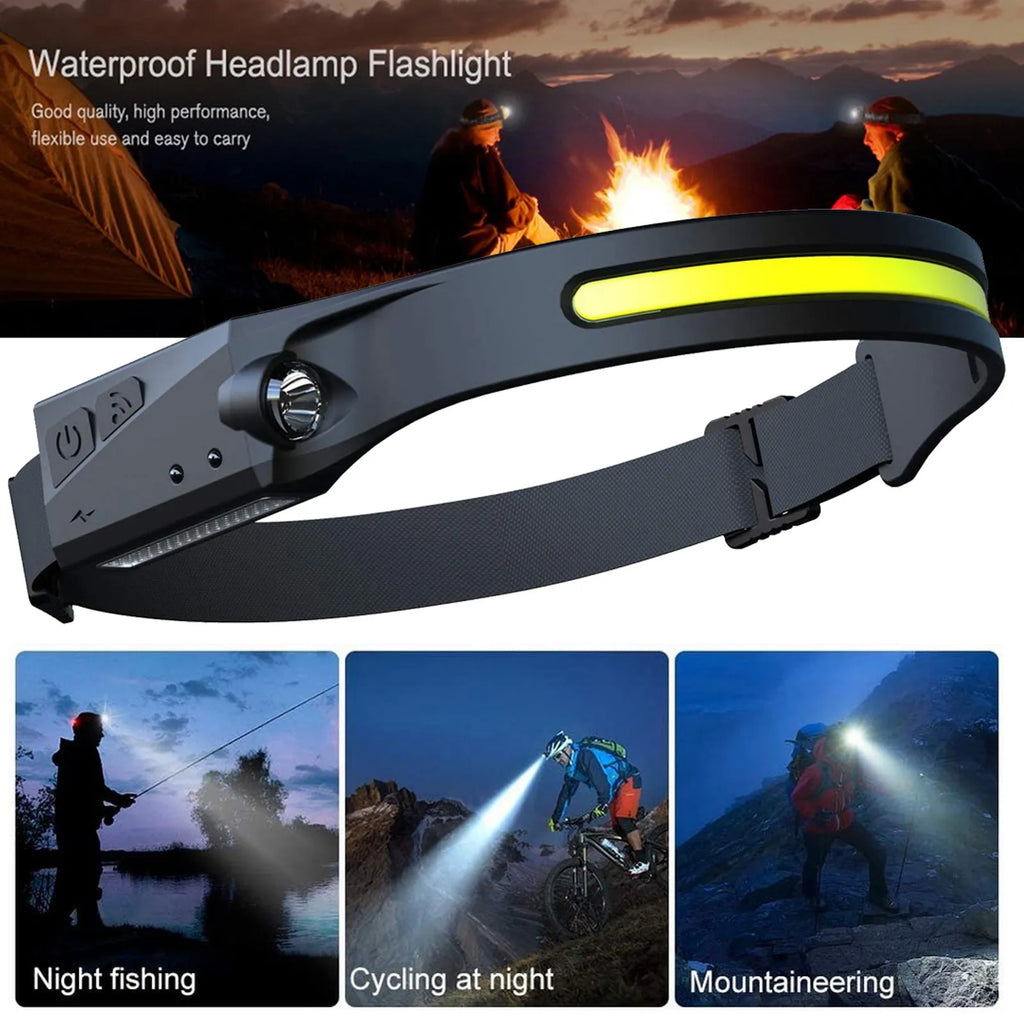 Black silicone USB rechargeable LED headlamp with a wide front light and a side wave sensor for touchless control.