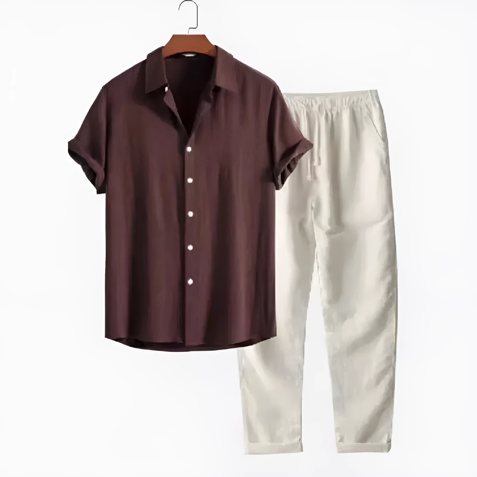 Men's casual linen-look shirt and trousers set in solid colour with short sleeves