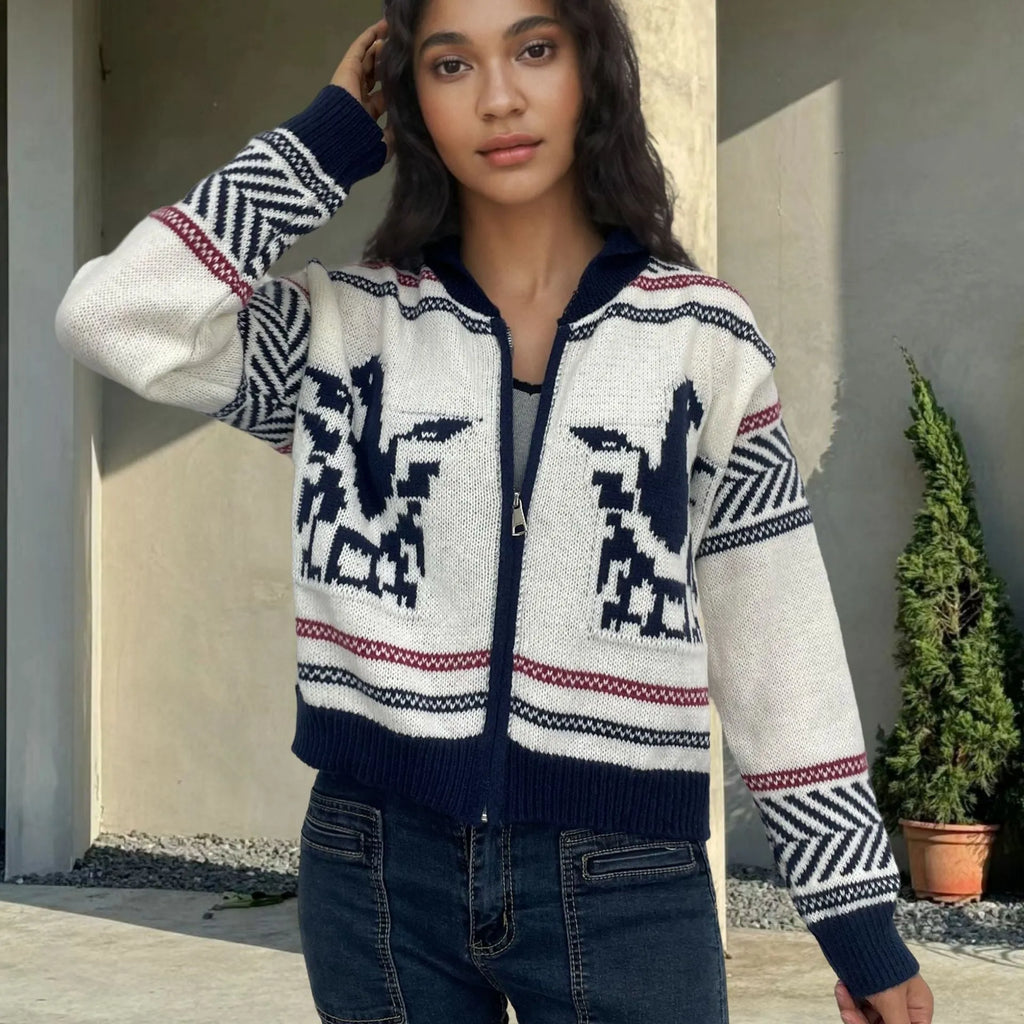 White women's wool Jacquard cardigan with a contrast colour stripe pattern on the front.
