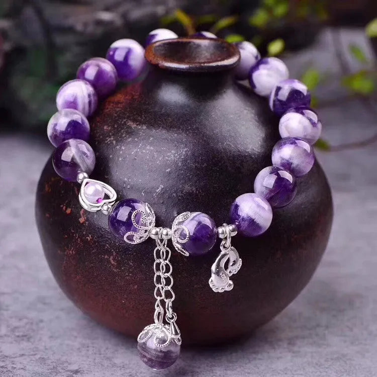 Natural purple amethyst bracelet with 10mm round beads and unset inlaid details for women