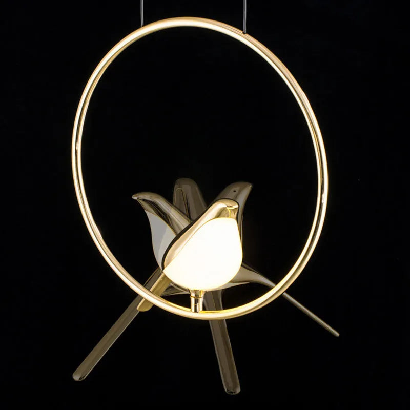 Modern linear magpie bird chandelier with zinc alloy frame and acrylic details, 150cm long.