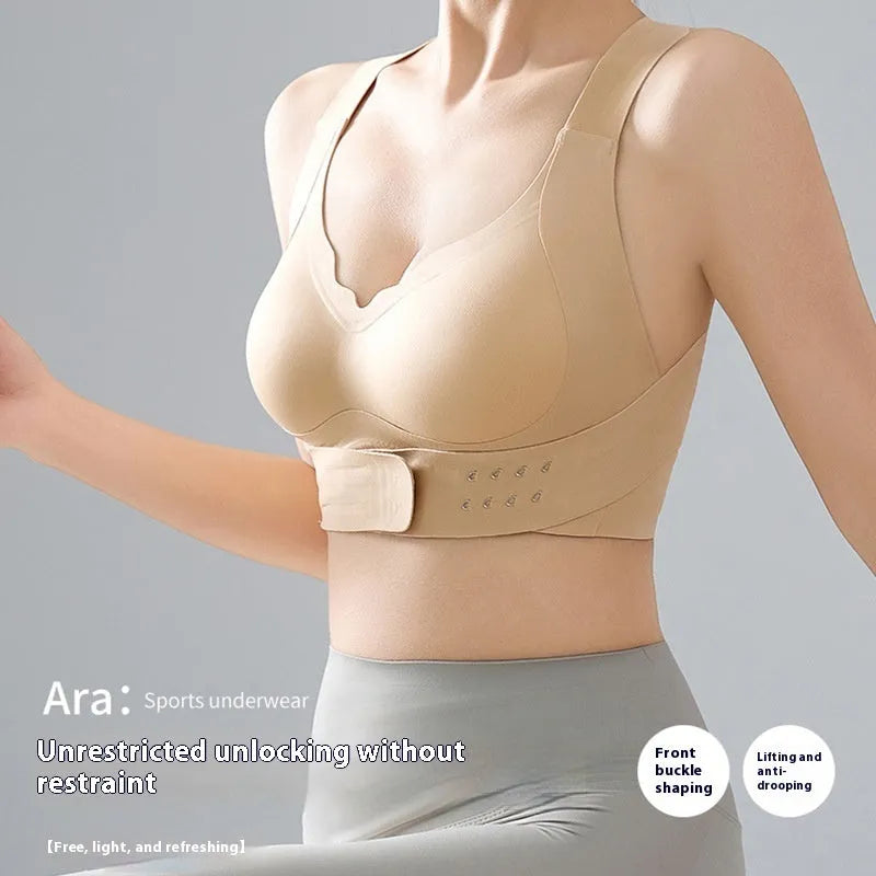 Women's front buckle sports bra for yoga and cross training with 3/4 cup moulded design