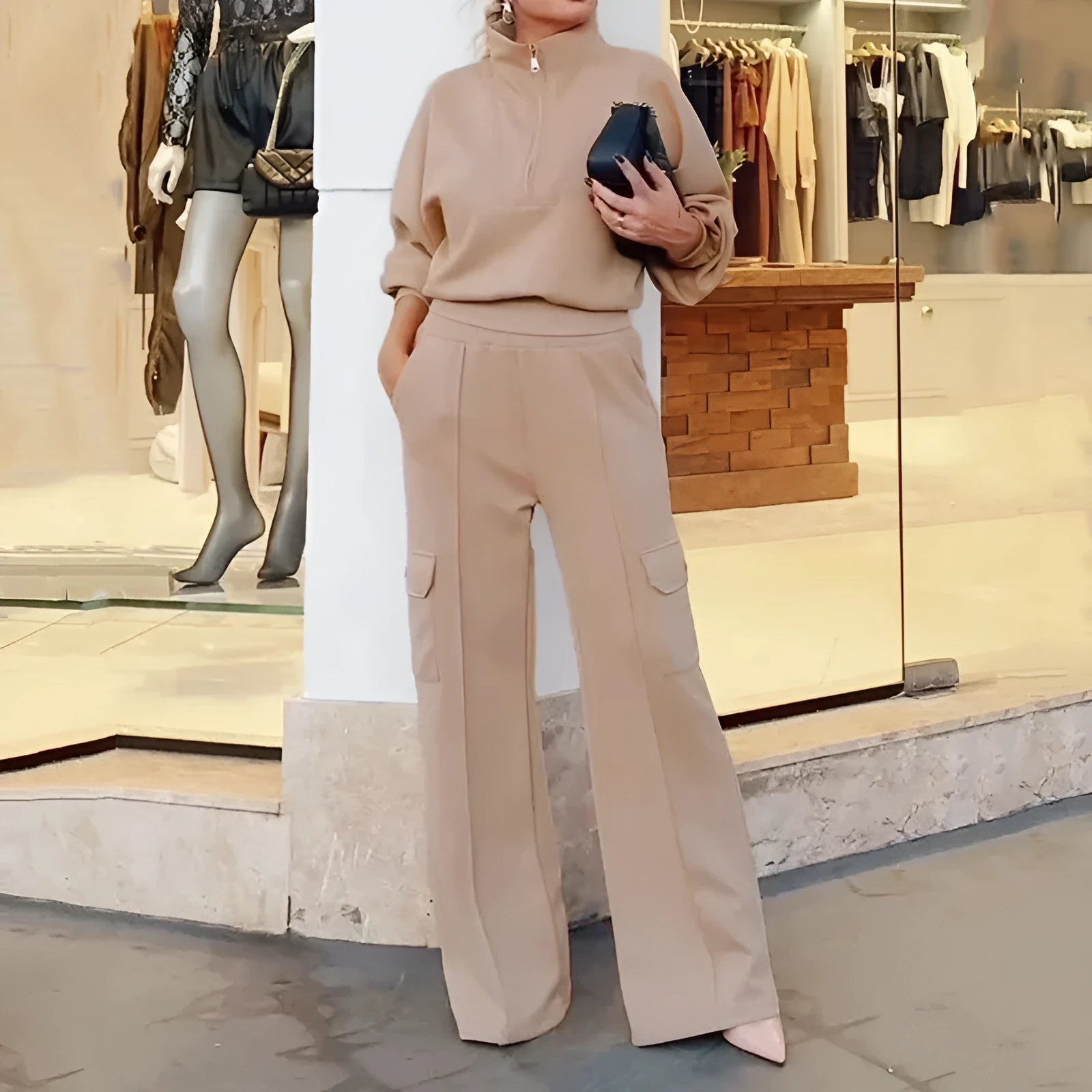 Women's light camel polyester lapel top and high waist wide leg trousers two-piece workwear set