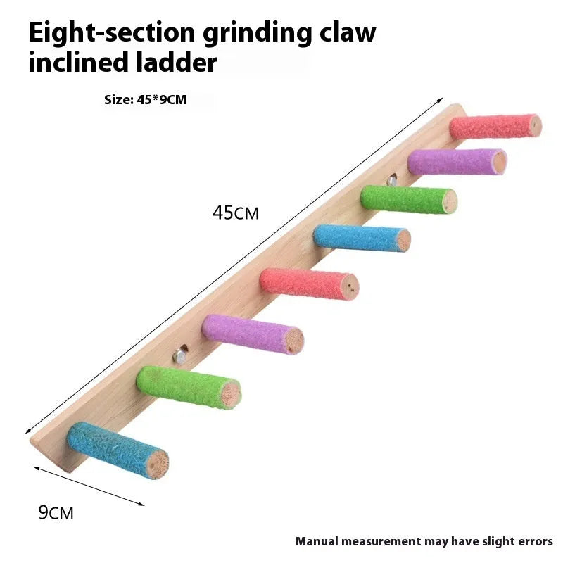Wooden ladder perch for parrots, with multiple levels and natural wood finish, suitable for small to medium birds.