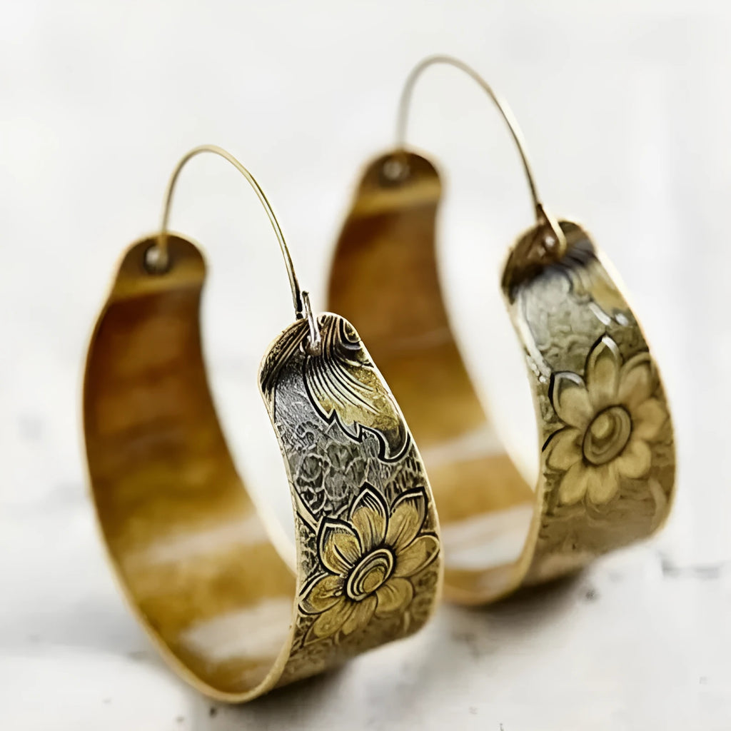 Gold hollow pattern geometric petal earrings with Maillard-inspired design for women