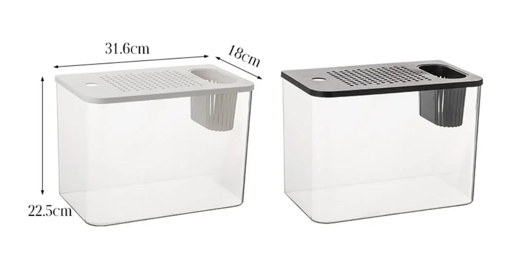 Compact black or white plastic Betta fish tank with a lid, dimensions 32cm wide by 23cm high.