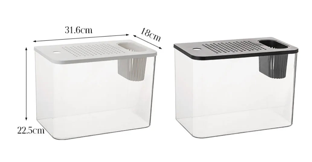 Compact black or white plastic Betta fish tank with a lid, dimensions 32cm wide by 23cm high.