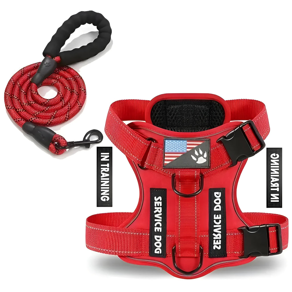 Red nylon dog chest strap with attached leash, featuring hand grip and adjustable buckles