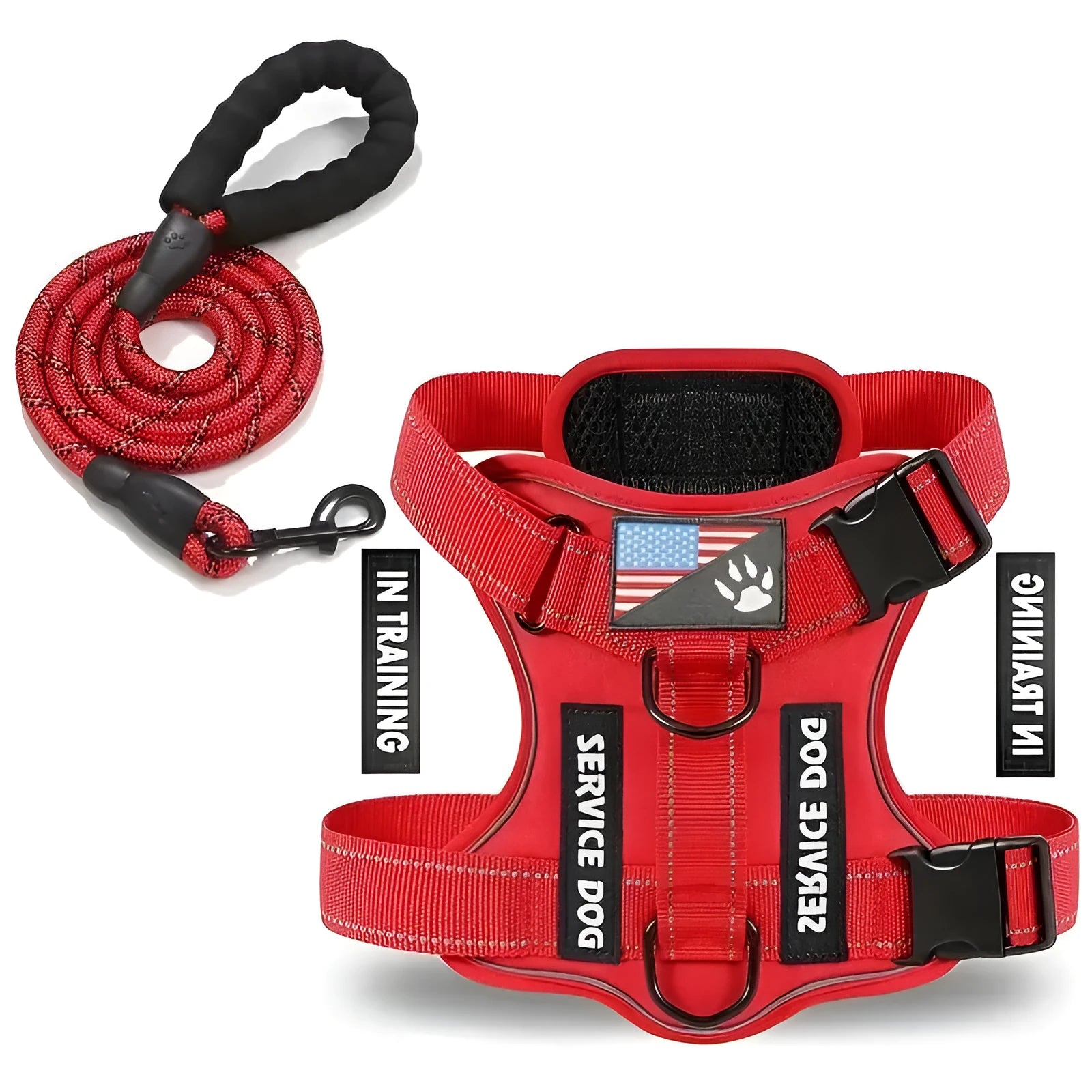 Red nylon dog chest strap with attached leash, featuring hand grip and adjustable buckles