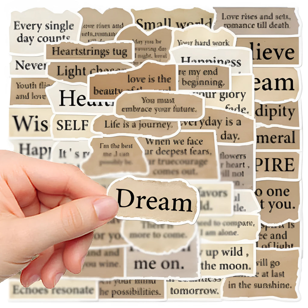 Pack of 25 torn English design decorative PVC stickers for laptops, shown removed from backing.