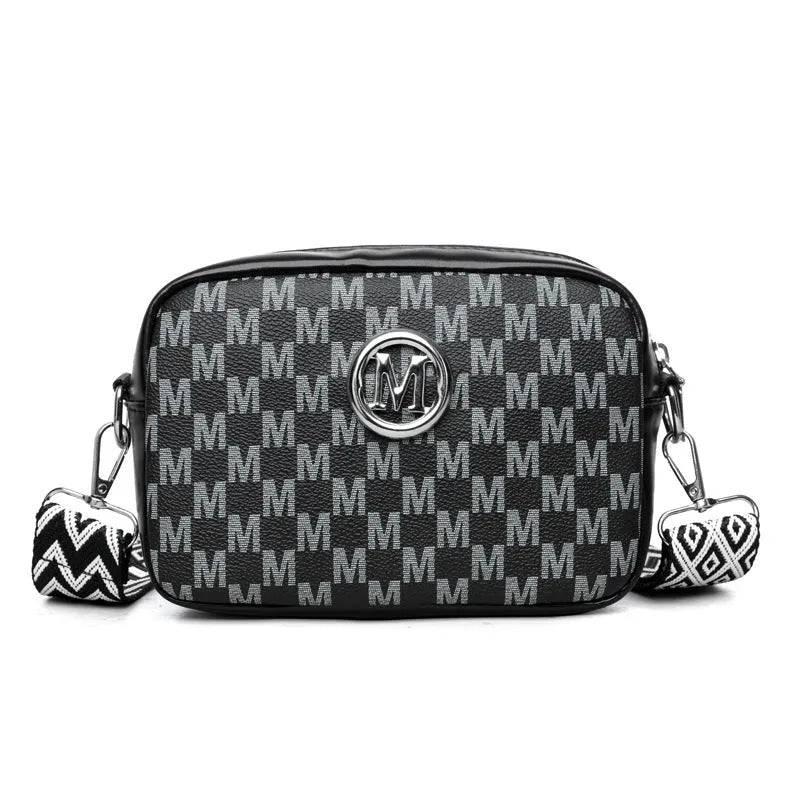 PU leather crossbody bag with wide strap showing three-dimensional front pocket in black colour