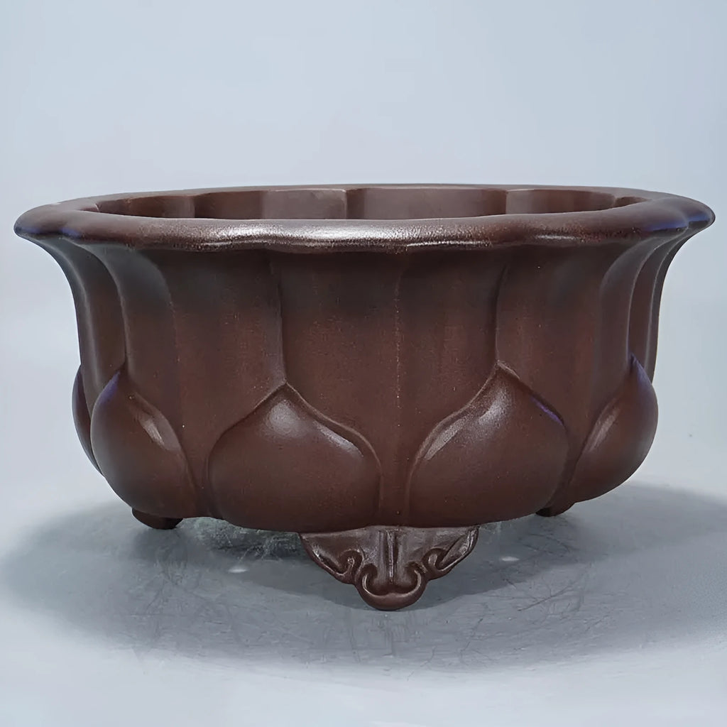 Square antique purple-red clay succulent bonsai pot on a table, measuring 37cm wide.