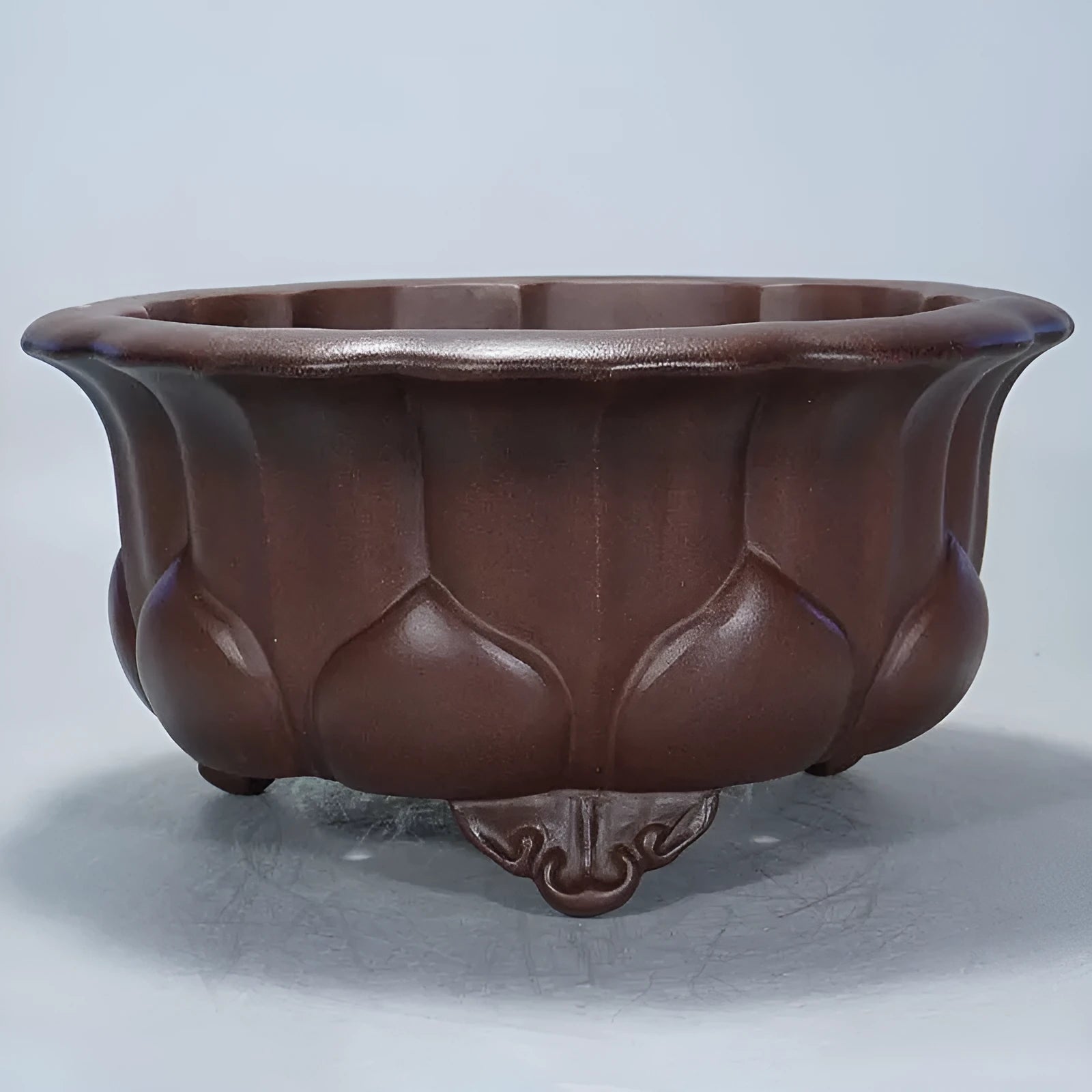 Square antique purple-red clay succulent bonsai pot on a table, measuring 37cm wide.