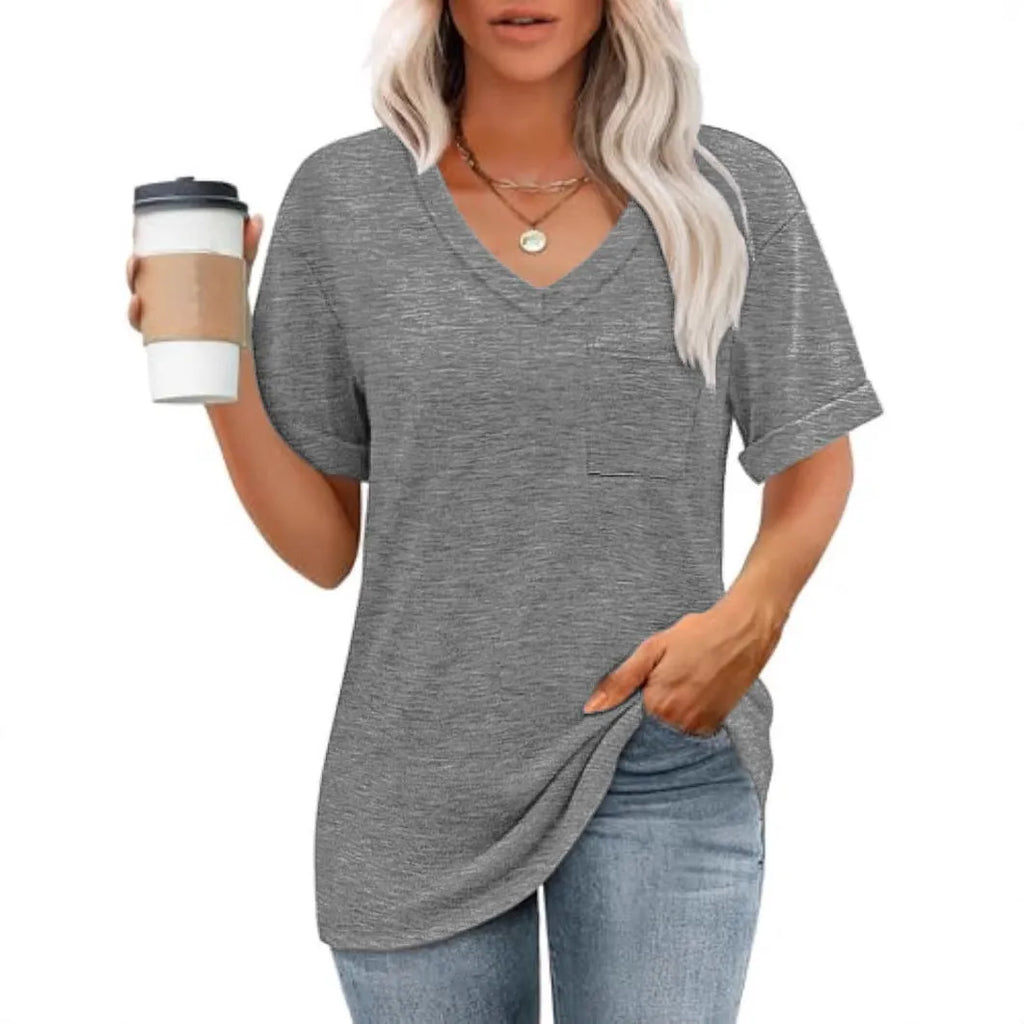 Grey loose-fit V-neck short sleeve t-shirt with a chest pocket on a solid background.
