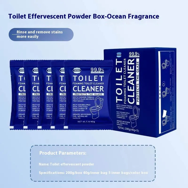 Toilet bubble effervescent cleaning powder in blue ocean and pink floral fragrance packaging options.