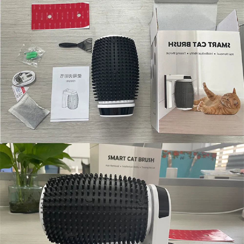 White automatic cat self groomer mounted in corner with silicone bristles for brushing