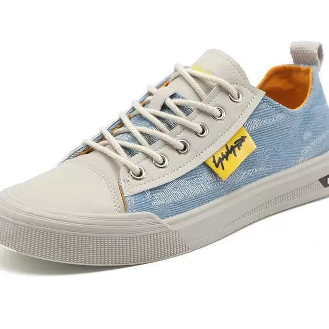Men's dark blue casual canvas shoes with round toe and white rubber sole.