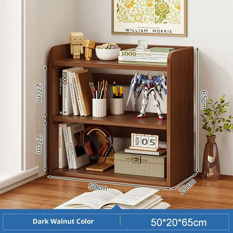 Three-layer 50cm desktop bookshelf in dark walnut or white oak colour, density plate storage rack for desk or tabletop.