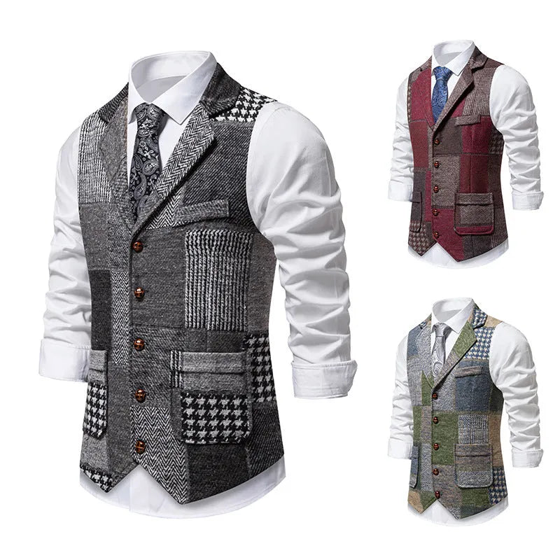 Men's retro patchwork lapel suit vest in gray plaid pattern with patch pockets, chemical fibre blend fabric