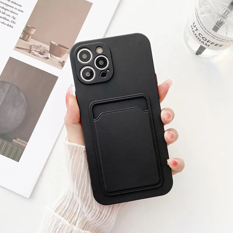 Card fine hole liquid phone case in TPU for Apple iPhone with card slot in back, black colour, simple style