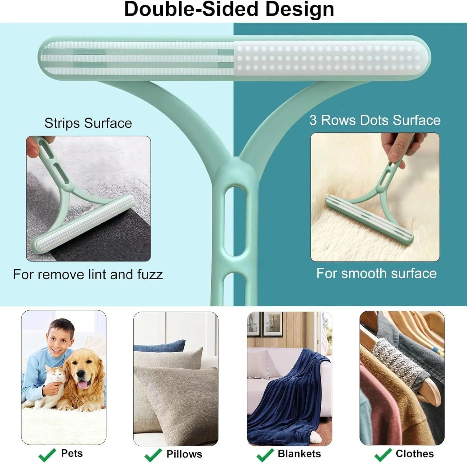 3-piece pet hair remover set showing metal lint shaver, silicone brush, and round ABS/TPR cleaner on a fabric surface.