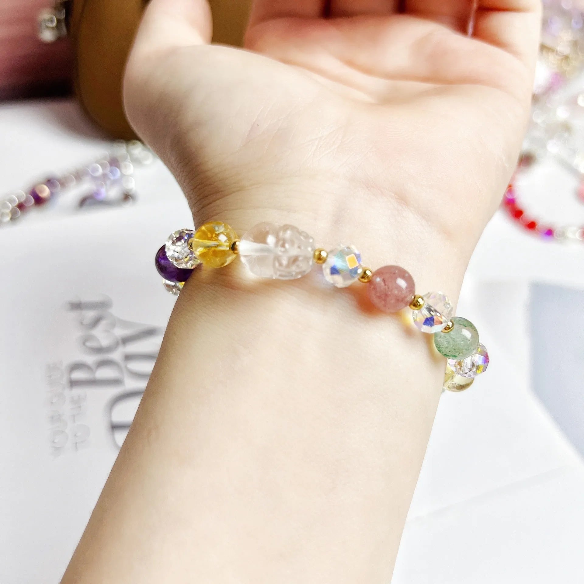 Colourful crystal bracelet with Phoenix and nine-tailed fox charm on adjustable band