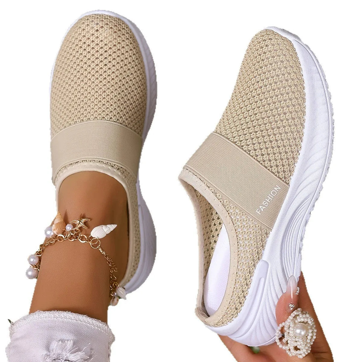 Women's breathable mesh casual shoes in apricot with hollow-out design and PVC sole for summer indoor home wear
