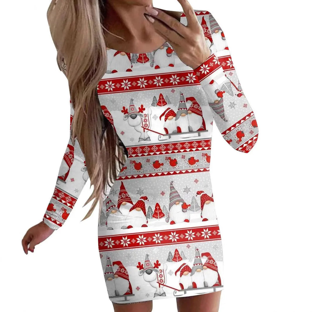 Red Christmas printed dress with floral pattern, round neck, long sleeves, tight fit and short hip skirt.