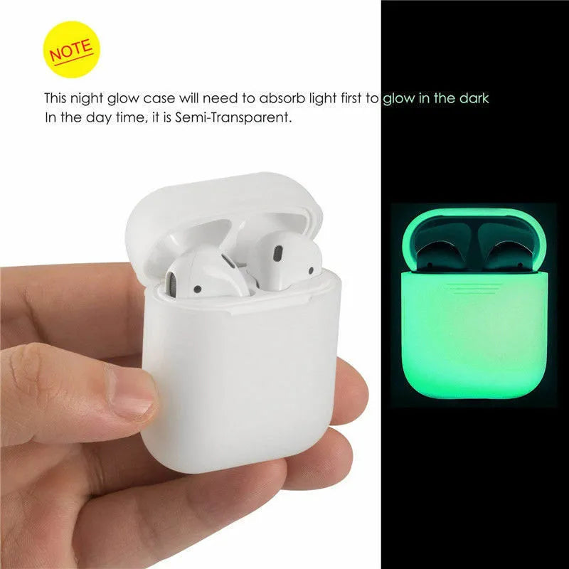 Glow-in-the-dark silicone flip-top protective case for Apple AirPods on a dark background
