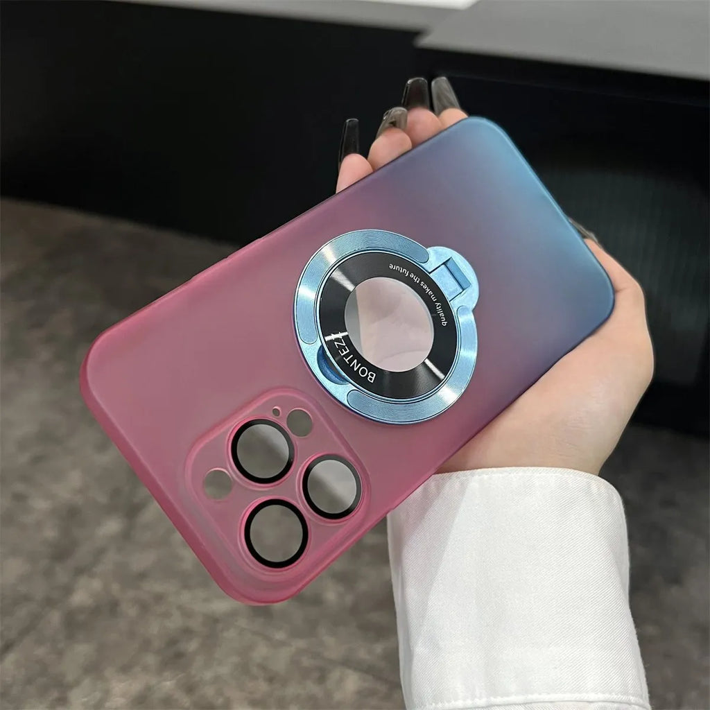 Magnetic bracket phone case for iPhone in gradient blue frosted PC with large camera window and built-in stand