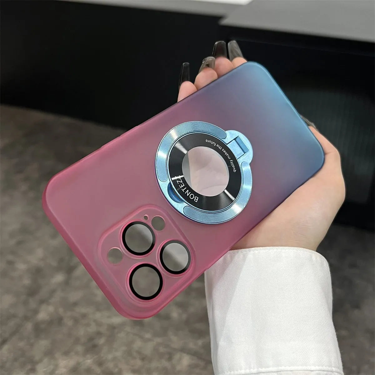 Magnetic bracket phone case for iPhone in gradient blue frosted PC with large camera window and built-in stand