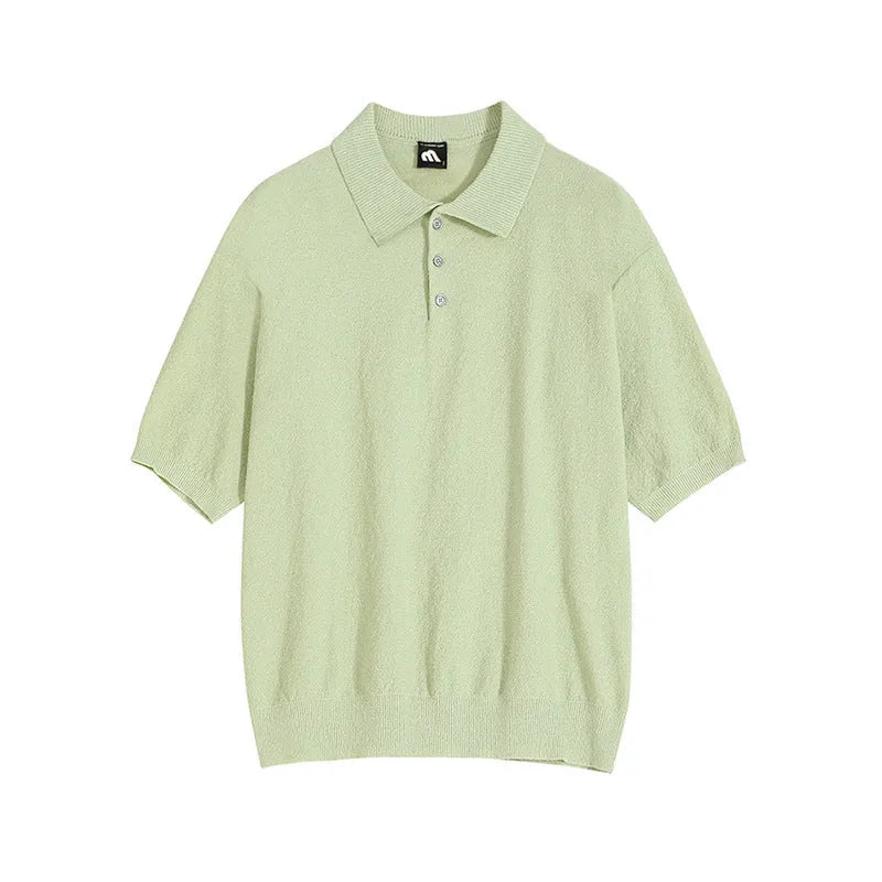 A caramel-colour men's retro knitted polo shirt with short sleeves and an asymmetric design detail on the front.