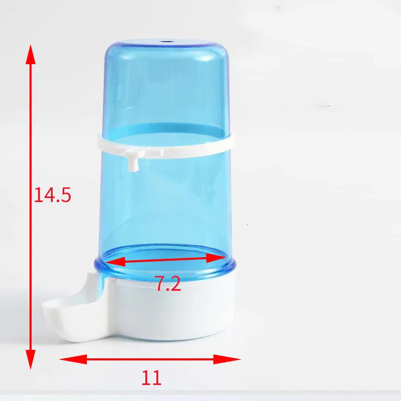 Blue edible bird water pipe with large PP bottle 7cm diameter 15cm height for cage with 1-1.5cm wire spacing