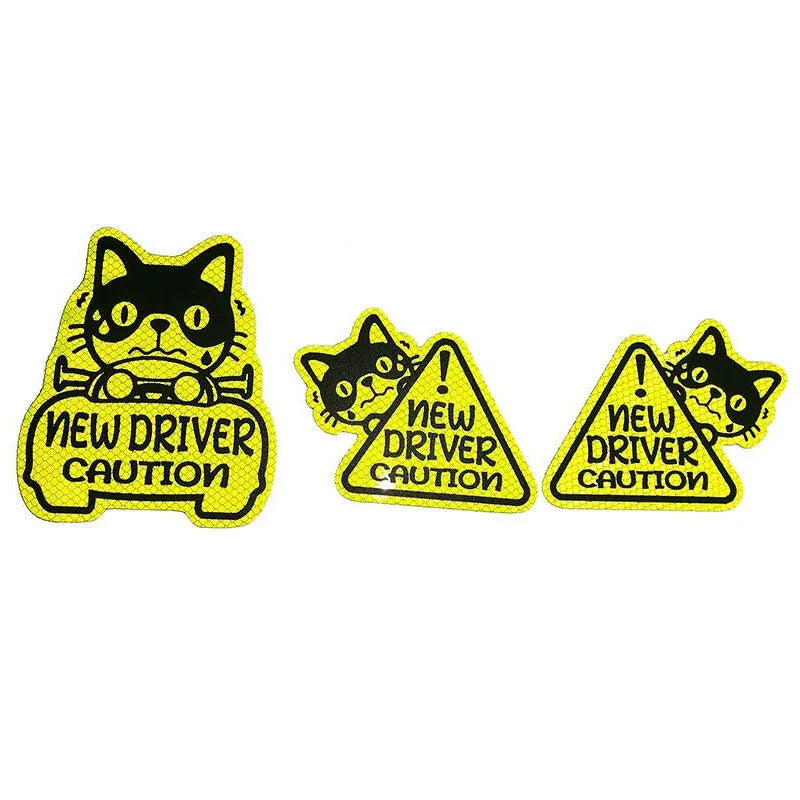 Set of three reflective magnetic stickers with cat, panda, and duck designs on a metal surface.