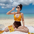 Yellow two-piece split ruffle contrast color hot spring bathing suit for women with spandex lining