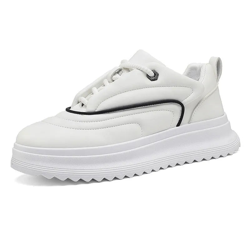 PU leather casual shoes with a thick sole and low heel in khaki, apricot, ivory white, and black knight colours.