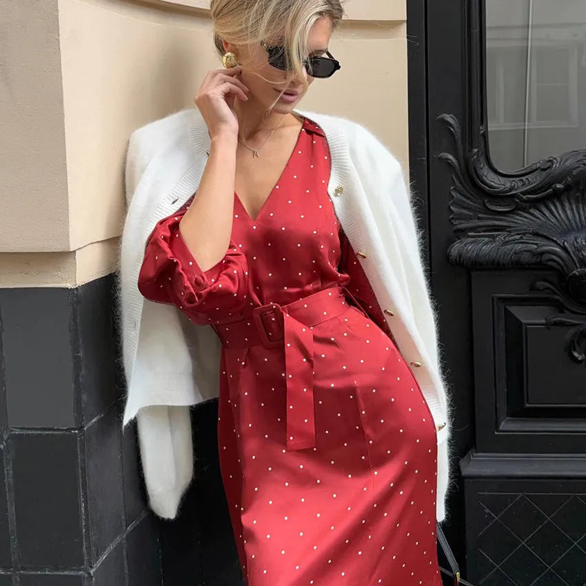 French style polka dot satin dress with V-neck, long fishtail skirt, and shirt sleeves in print pattern