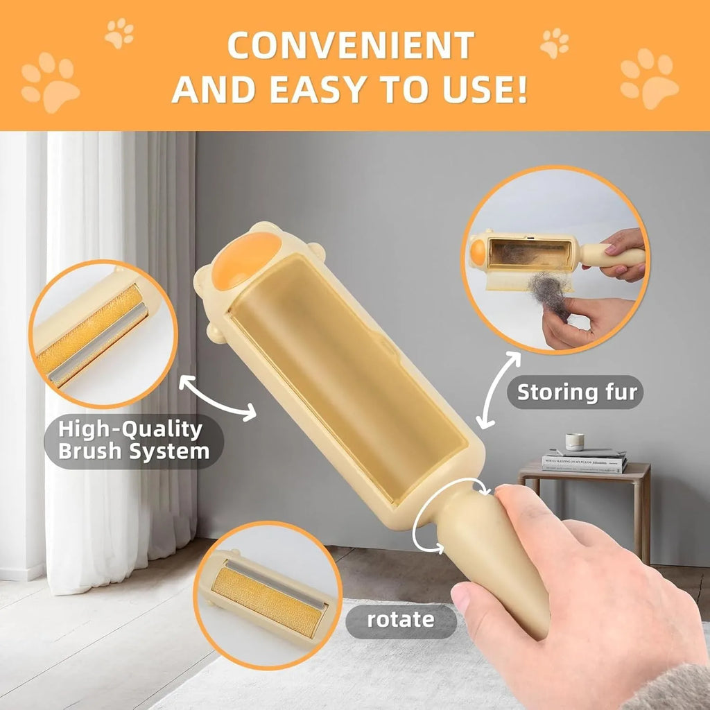 Blue pet hair remover tool with a self-cleaning base on a fabric sofa.