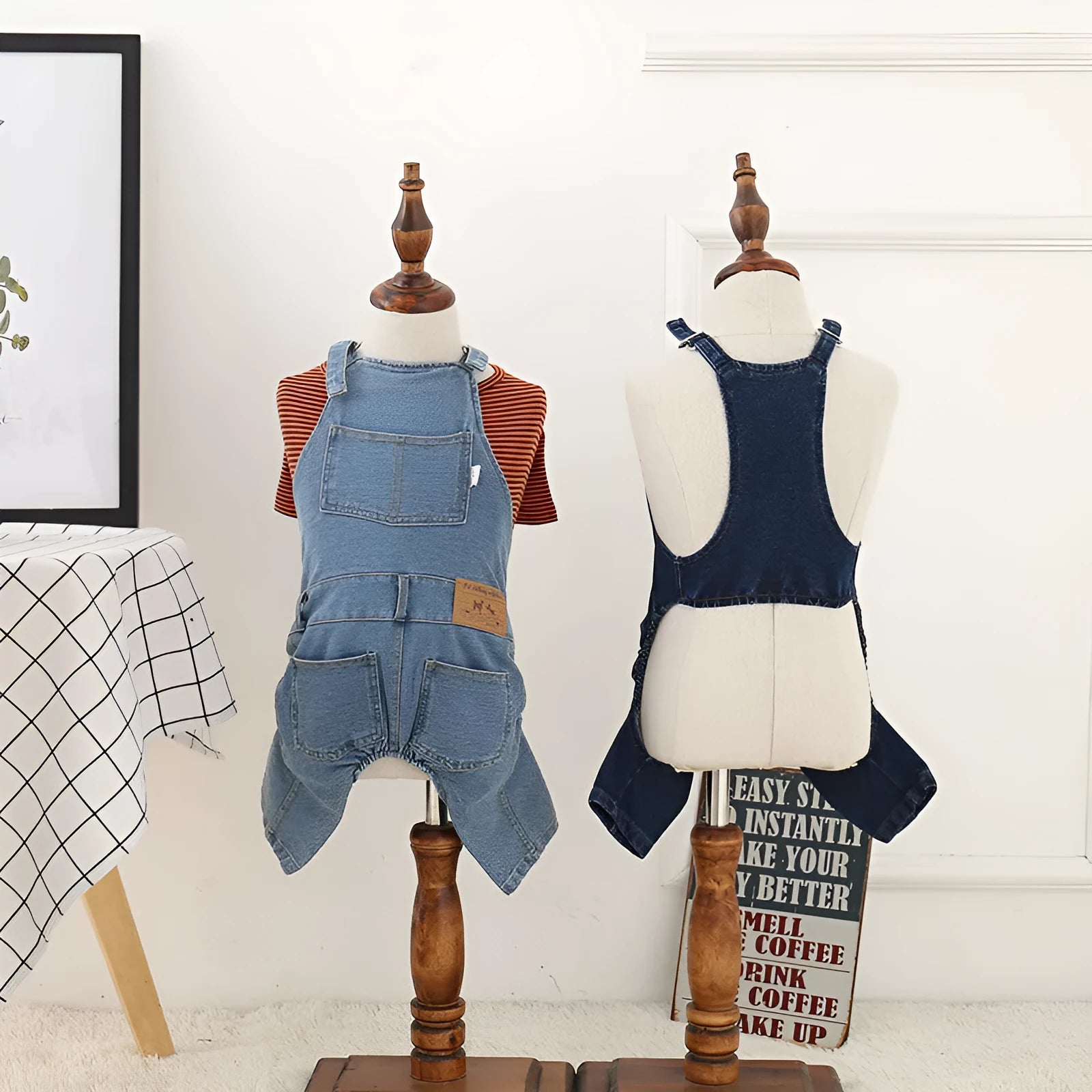 Jeans-style four-legged dog clothes in cotton, dark colour, on a small dog breed like Teddy