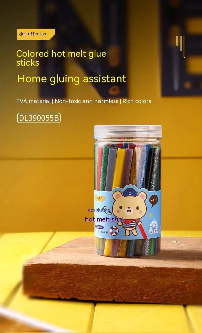 Pack of 55 clear hot melt glue sticks with 7mm diameter next to a glue gun.