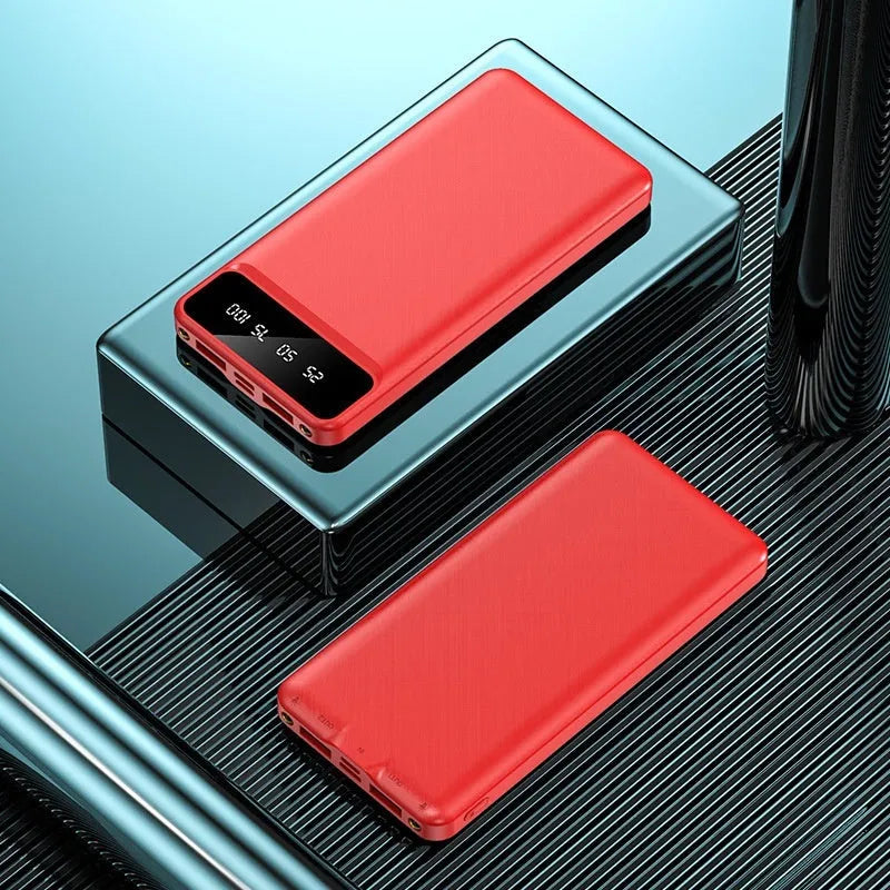 Black white red 20000mAh power bank with optional charging cable showing compact dimensions