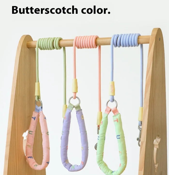 A 150cm long polyester dog leash with a hand-holding rope, shown in a choice of pink, green, purple, or raspberry powder colours.