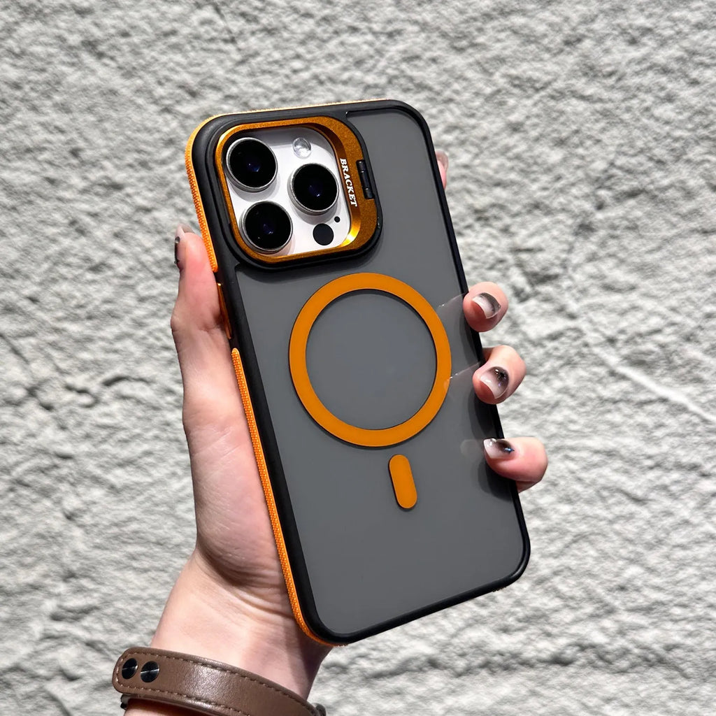 Non-slip transparent magnetic bracket phone case for iPhone showing hidden stand and anti-fingerprint finish
