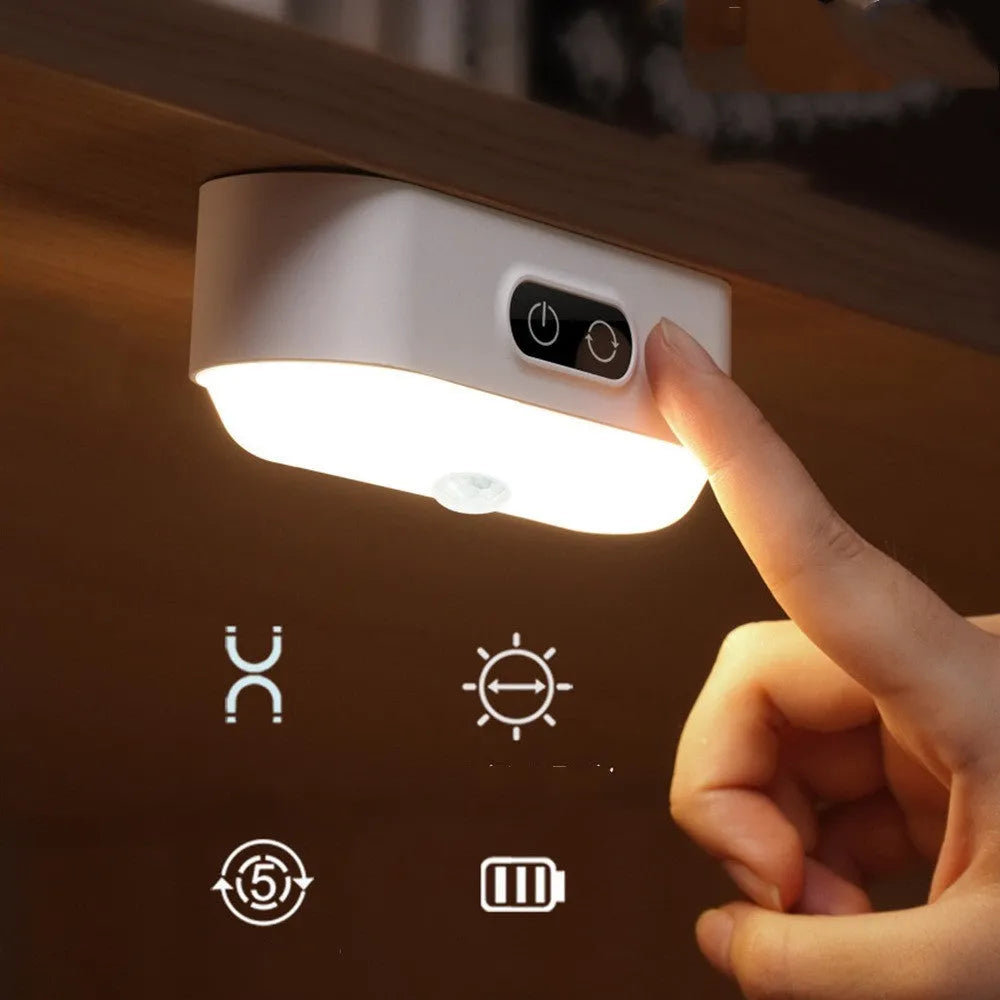 White magnetic USB rechargeable LED night light with touch controls mounted on study cabinet