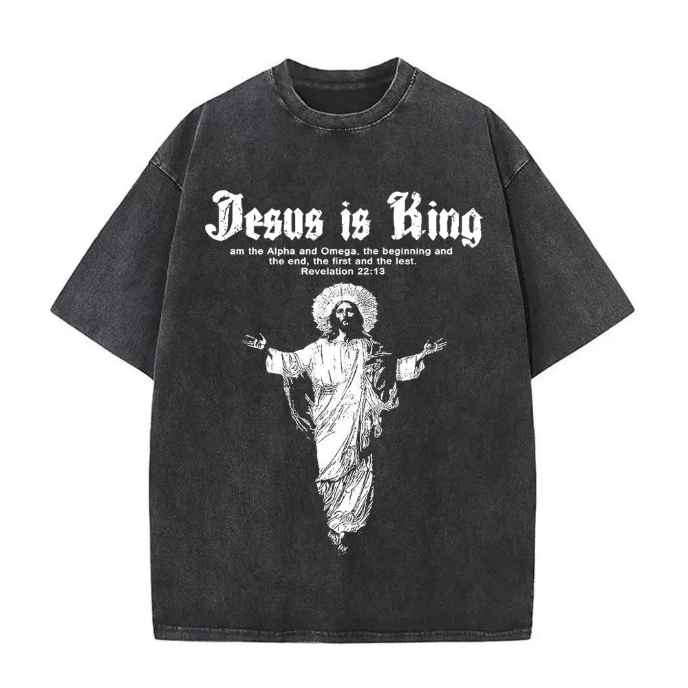 Christian vintage washed T-shirt with Jesus Forgive Them Father print, black, front view