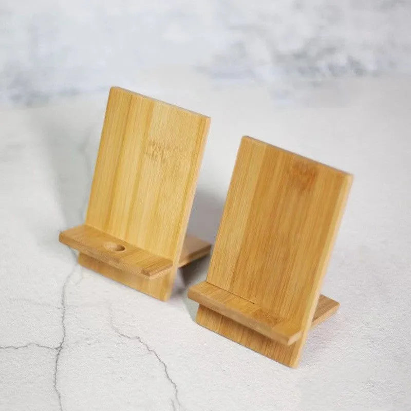 Bamboo desktop phone holder for mobile phone and tablet, 14x8x0.8cm, with holes option