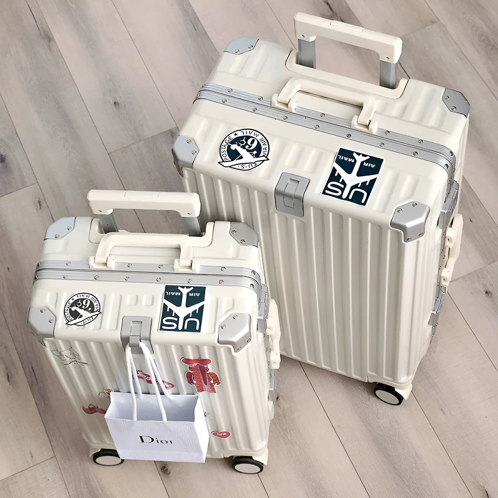 Aluminium frame trolley suitcase in avocado green with multi-functional pockets and USB port.