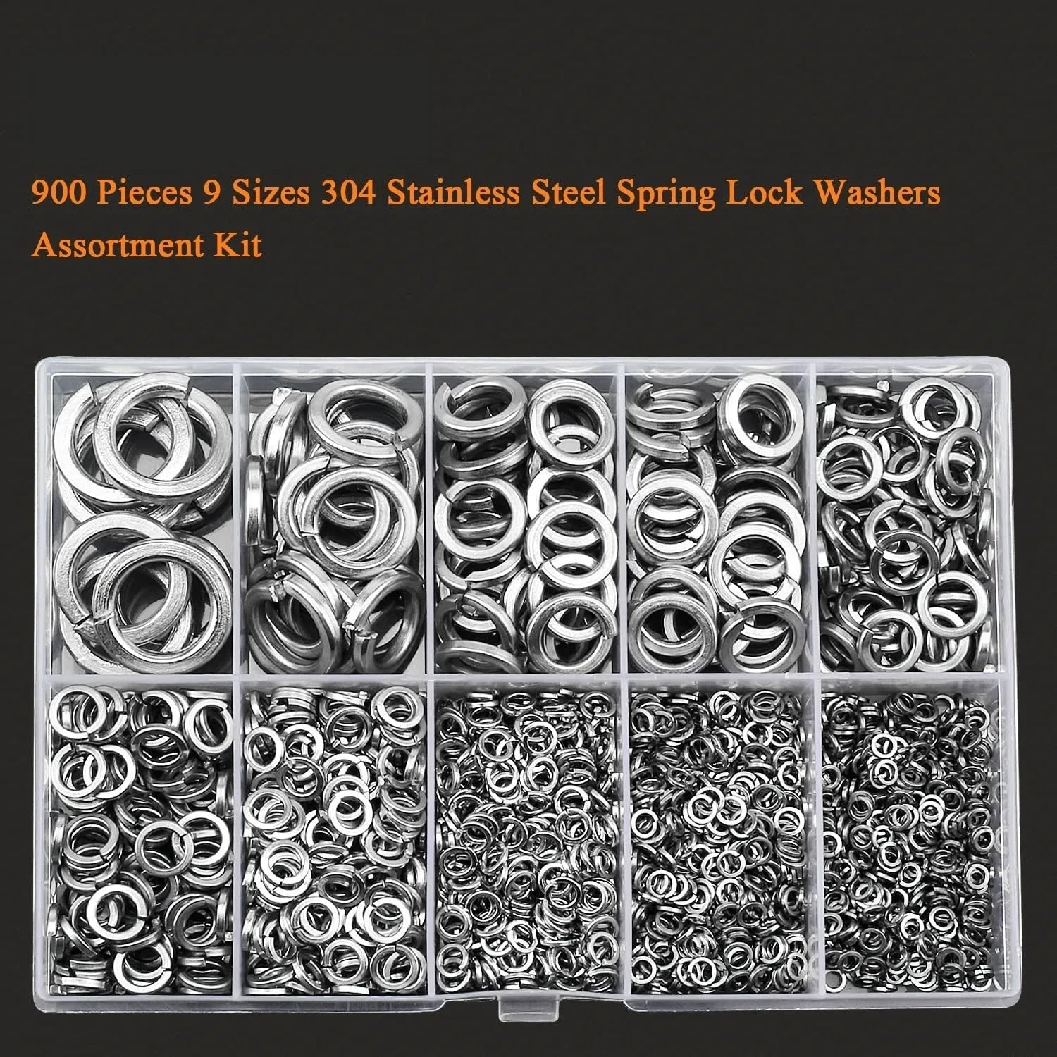 Open box showing assortment of small, shiny 304 stainless steel spring lock washers in various sizes.