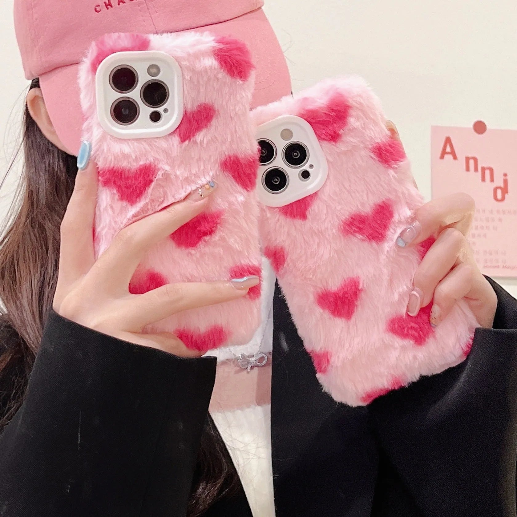 Pink cartoon-style plush silicone back cover case for Apple iPhone 11, 12, 13, 14 and 15 models.